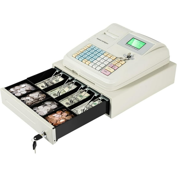 POS System 48 Keys Cash Register for Small Business, Retailer, Supermarket, 8 Digital LED Display Electronic Cash Register w/Drawer