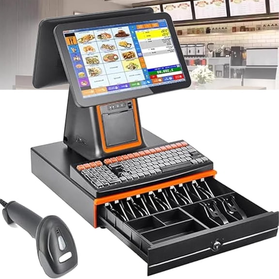 POS System for Small Business, All-in-One Cash Register with Touch Screen Dual Monitor, Barcode Scanner, Printer, Cash Drawer, Touch Screen Pos Cash Register for Retail Businesses