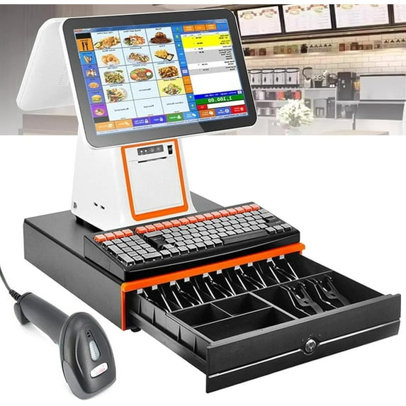 POS System for Small Business, All-in-One Cash Register with Touch Screen Dual Monitor, Barcode Scanner, Printer, Cash Drawer, Touch Screen Pos Cash Register for Retail Businesses