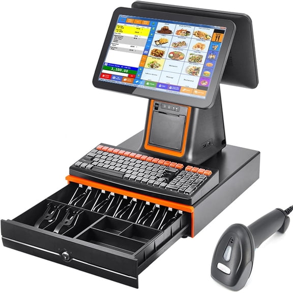 POS System for Small Businesses, Store Cash Register for Retailwith Touch Screen Dual Monitor, 58MM Thermal Printer, Scanner, Cash Drawer, All-in-One Smart Professional Cash Register