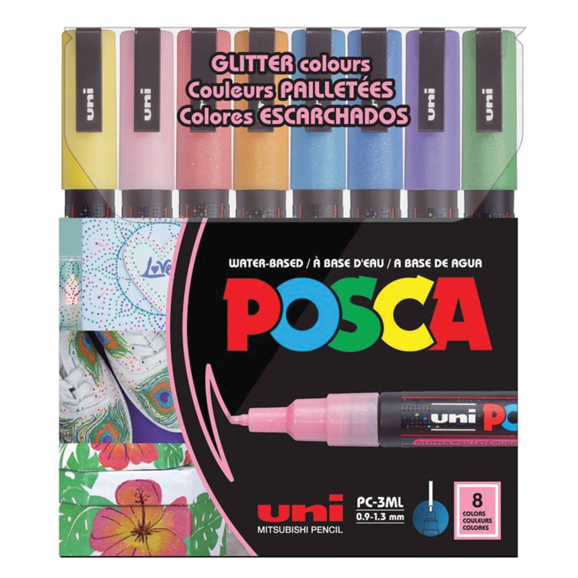 Uni POSCA PC-3M Glitter Water-Based Markers, Reversible Fine Tip (0.9-1.3mm), Assorted Ink Colors, 8 Count