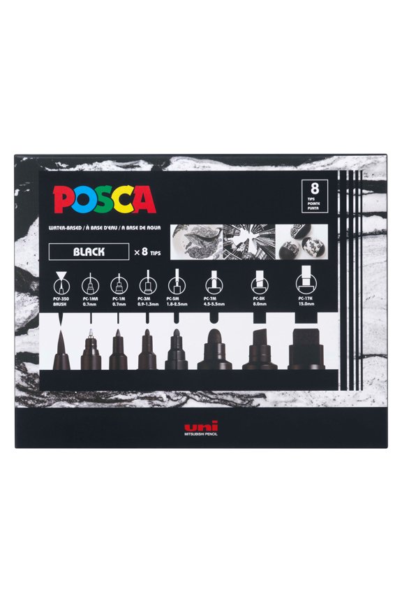 uni POSCA PC-MIX Water-Based Paint Markers, Assorted Black Tips, 8 Pack