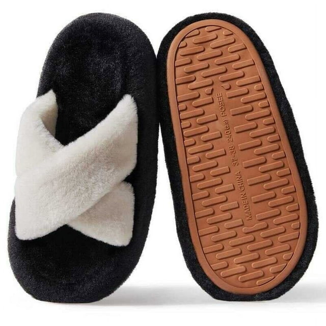 POSEE Fuzzy Slippers for Women Cross Band House Shoes Bedroom Indoor