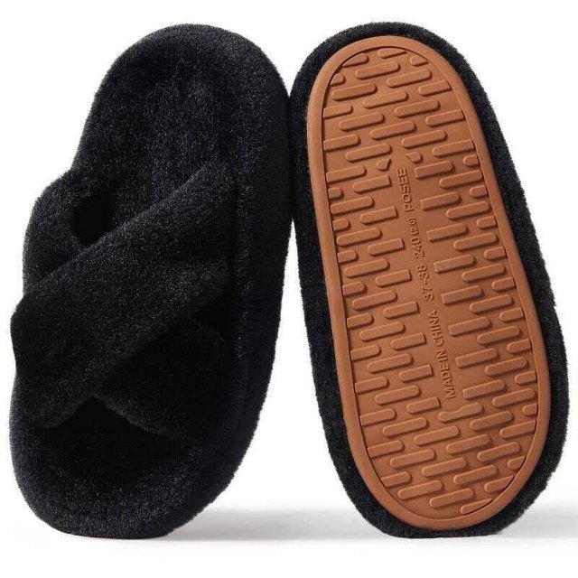 POSEE Fuzzy Slippers for Women Cross Band House Shoes Bedroom Indoor