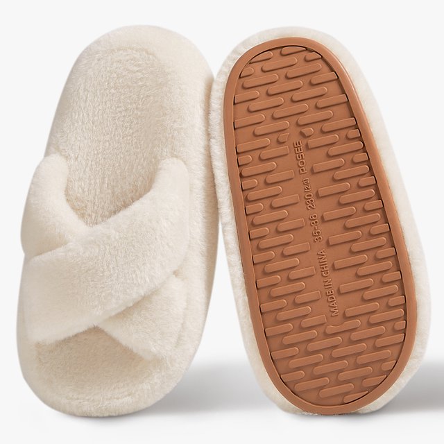POSEE Fuzzy Slippers for Women Cross Band House Shoes Bedroom Indoor