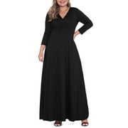 POSESHE Plus Size Women's Solid 3/4 Sleeve Evening Gown, Flowy V-Neck Maxi Dress