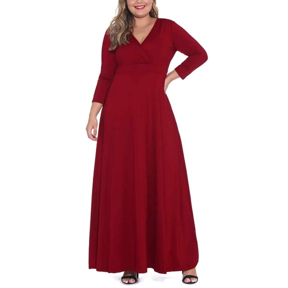 POSESHE Plus Size Women's Solid 3/4 Sleeve Evening Gown, Flowy V-Neck Maxi Dress