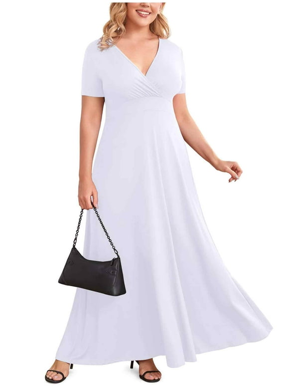Women Plus Size V Neck Short Sleeve Evening Dress, Elegant Party Maxi Dress