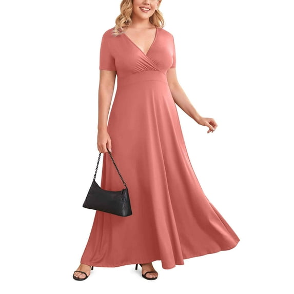 POSESHE Women Plus Size V Neck Short Sleeve Evening Dress, Elegant Party Maxi Dress