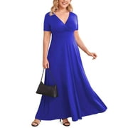 POSESHE Women Plus Size V Neck Short Sleeve Evening Dress, Elegant Party Maxi Dress