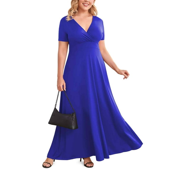 POSESHE Women Plus Size V Neck Short Sleeve Evening Dress, Elegant Party Maxi Dress