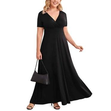 POSESHE Women Plus Size V Neck Short Sleeve Evening Dress, Elegant Party Maxi Dress