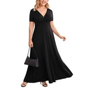 POSESHE Women Plus Size V Neck Short Sleeve Evening Dress, Elegant Party Maxi Dress