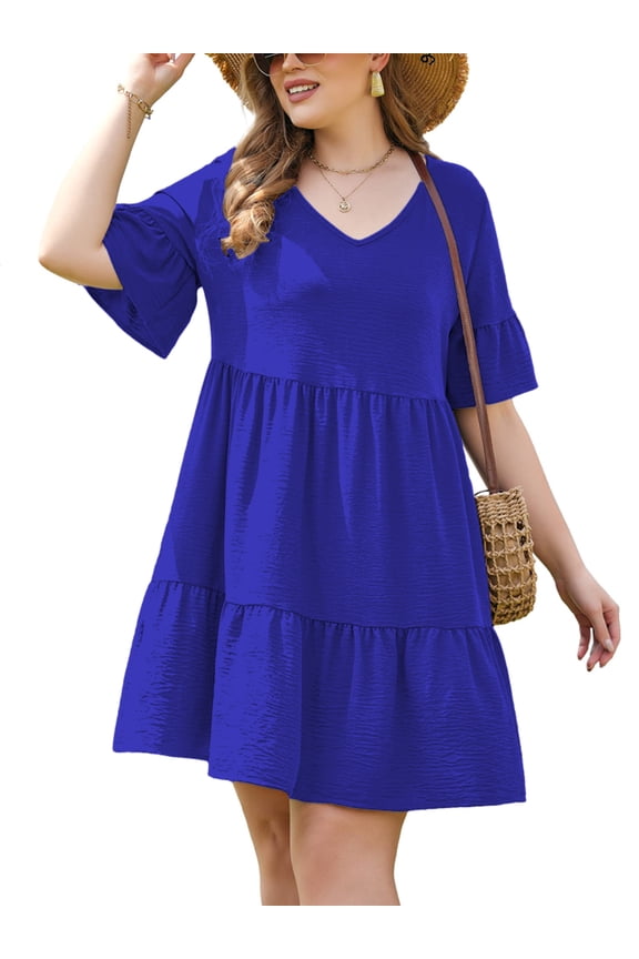 Women Summer Tunic Dresses V Neck Casual Loose Flowy Swing Shift Dress