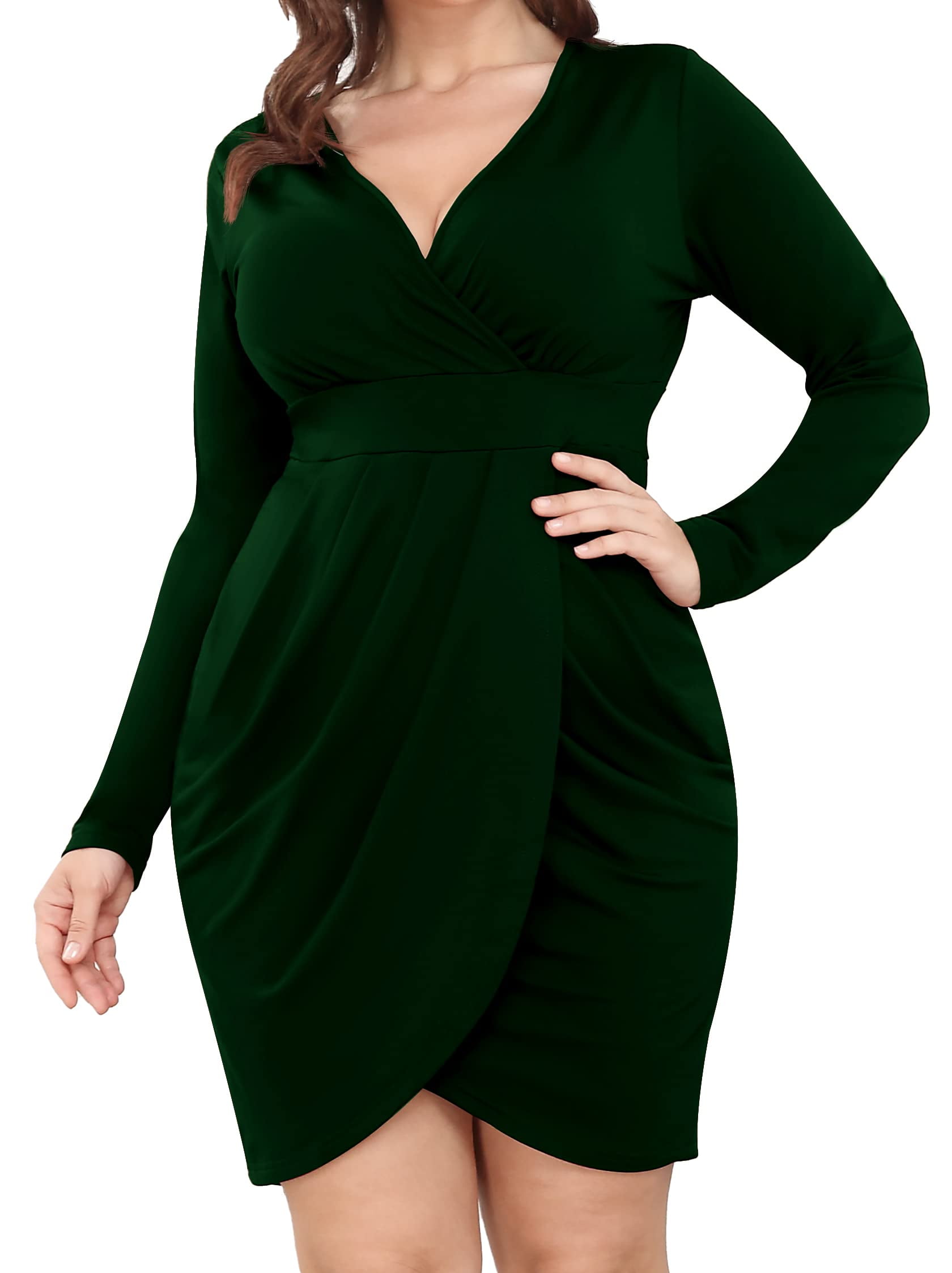 Plus size Stylish Solid Faux Wrap Dress with Deep V-Neck $15Each