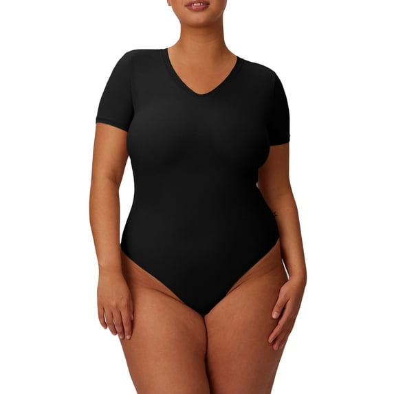 POSESHE Women's Plus Size Bodysuit, V neck Short Sleeves Basic Bodysuit