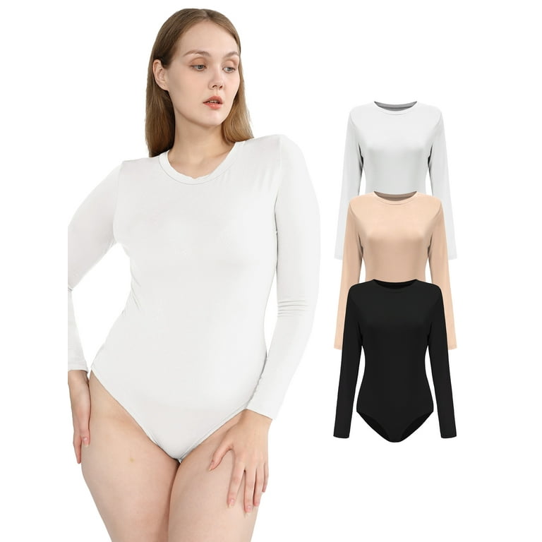 POSESHE Women's Plus Size Long Sleeve Bodysuit, S-5XL, 3 Piece 