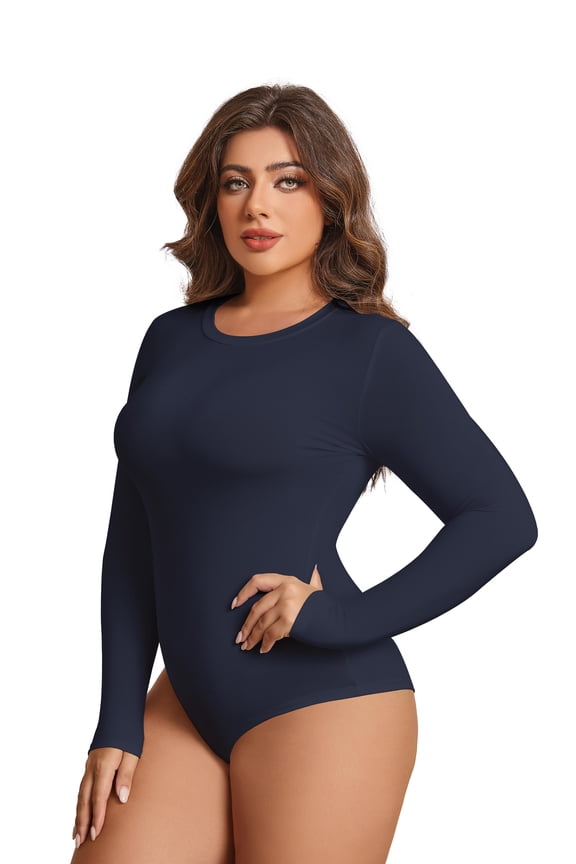 Women's Plus Size Long Sleeve Bodysuit,Slim Fit Crew Neck Tops Cotton Bodysuit for Women,Navy Blue,Size 1XL