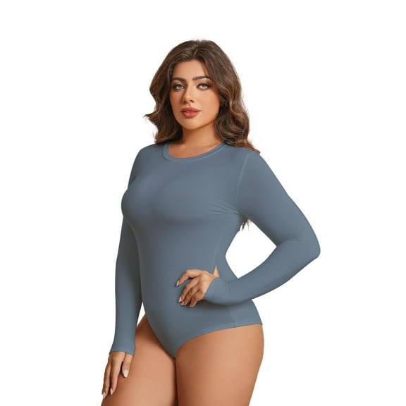 POSESHE Women's Plus Size Long Sleeve Bodysuit,Slim Fit Crew Neck Tops Cotton Bodysuit for Women,Danny Blue,Size 3XL