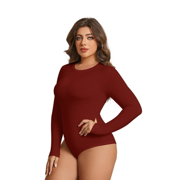 POSESHE Women's Plus Size Long Sleeve Bodysuit,Slim Fit Crew Neck Tops Cotton Bodysuit for Women,Wine Red,Size 4XL