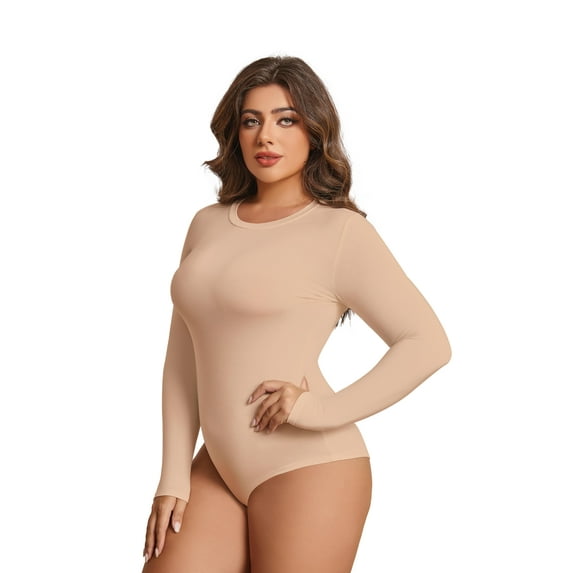 POSESHE Women's Plus Size Long Sleeve Bodysuit,Slim Fit Crew Neck Tops Cotton Bodysuit for Women,Beige,Size S