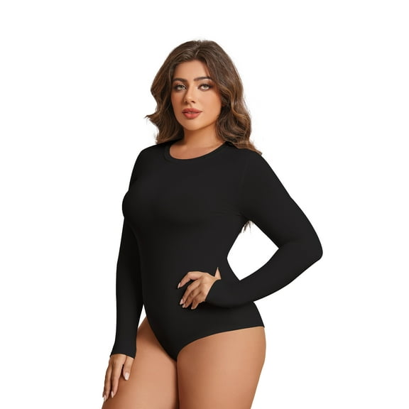 POSESHE Women's Plus Size Long Sleeve Bodysuit,Slim Fit Crew Neck Tops Cotton Bodysuit for Women,Black,Size S