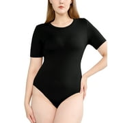POSESHE Women's Plus Size Round Neck Short Sleeve Bodysuit, 1X, BLACK