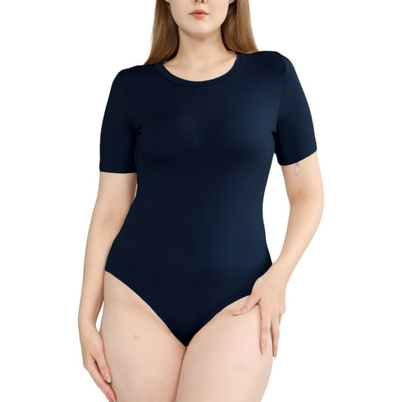 POSESHE Women's Plus Size Round Neck Short Sleeve Bodysuit, 2X, Navy Blue
