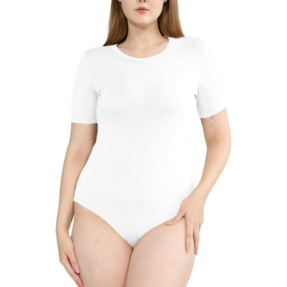 POSESHE Women's Plus Size Round Neck Short Sleeve Bodysuit, L, White