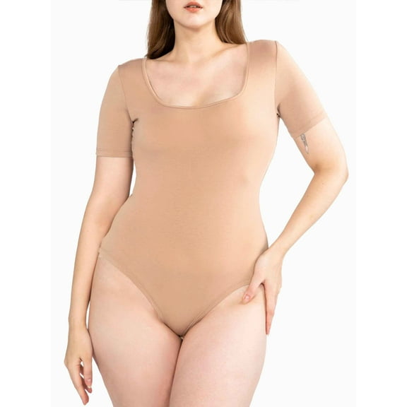 POSESHE Women's Plus Size Square Neck Short Sleeve Bodysuit, 1X, Beige