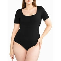 POSESHE Women's Plus Size Square Neck Short Sleeve Bodysuit, S, BLACK