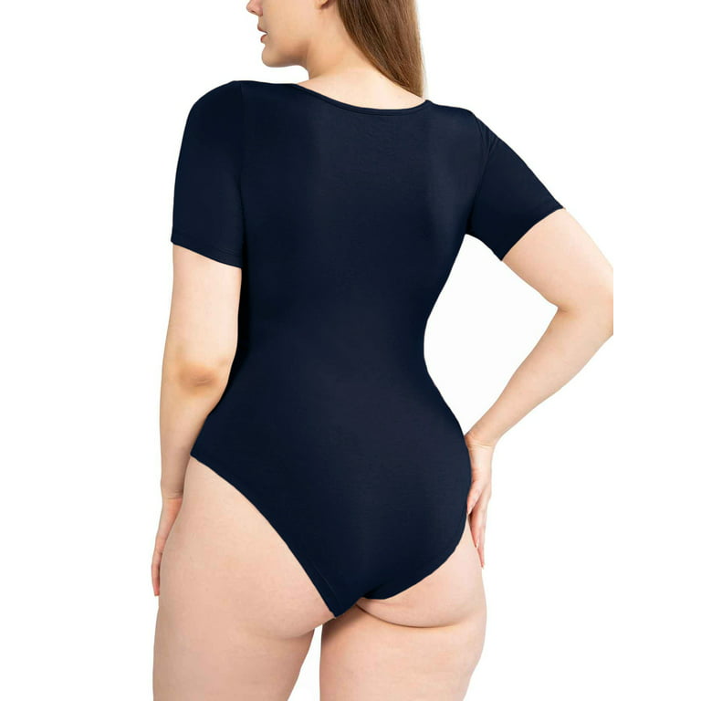 POSESHE Women's Plus Size Square Neck Short Sleeve Bodysuit, S, Navy Blue 