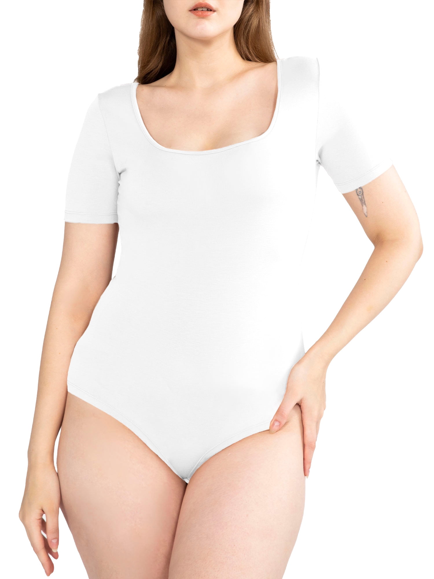 POSESHE Women's Plus Size Square Neck Short Sleeve Bodysuit, S, White 