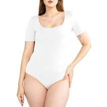 POSESHE Women's Plus Size Square Neck Short Sleeve Bodysuit, S, White