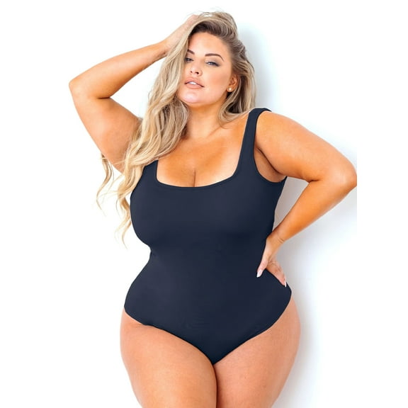 POSESHE Women's Plus Size Square Tank Bodysuit in Black, M-5X