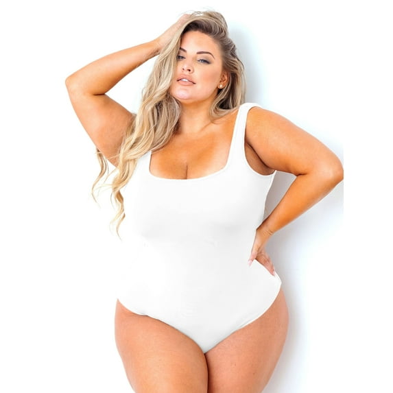 POSESHE Women's Plus Size Square Tank Bodysuit in Black, M-5X