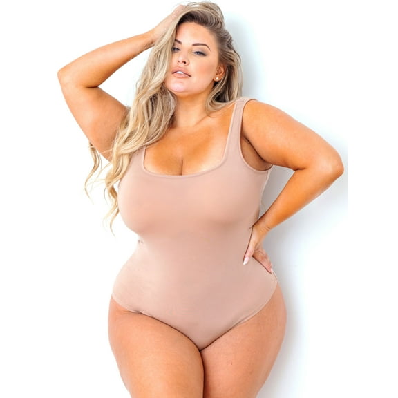 POSESHE Women's Plus Size Square Tank Bodysuit in Black, M-5X