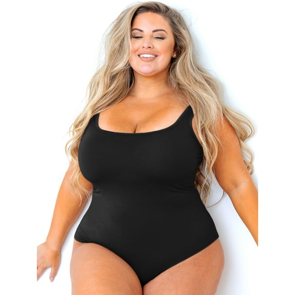 POSESHE Women's Plus Size Square Tank Bodysuit in Black, M-5X