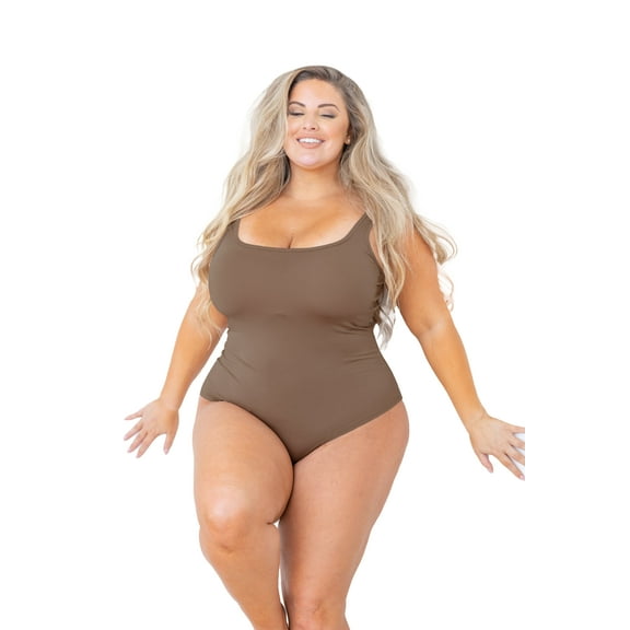 POSESHE Women's Plus Size Square Tank Bodysuit in Light Brown, S-5X