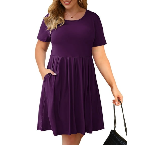 POSESHE Women's Plus Size Summer Dress, Short Sleeve Round-Neck Short Party Dress with Pockets