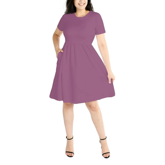 POSESHE Women's Plus Size Summer Dress, Short Sleeve Round-Neck Short Party Dress with Pockets