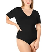 POSESHE Women's Plus Size V-Neck Short Sleeve Bodysuit, S-5XL