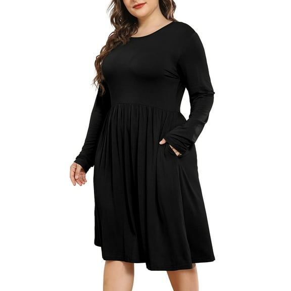 POSESHE Women's Plus Size Winter Casual Dress,Long Sleeves,Loose Flowy Dress With Pockets,Black,2XL