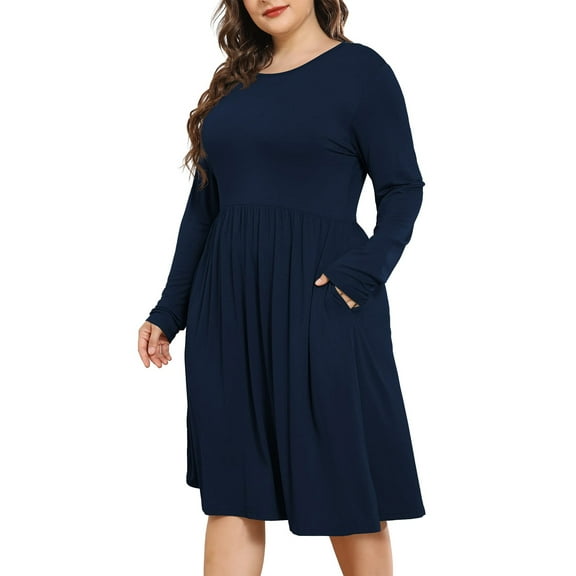 POSESHE Women's Plus Size Winter Casual Dress,Long Sleeves,Loose Flowy Dress With Pockets,Navy Blue,3XL