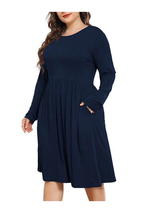 Women's Plus Size Winter Casual Dress,Long Sleeves,Loose Flowy Dress With Pockets,Navy Blue,4XL