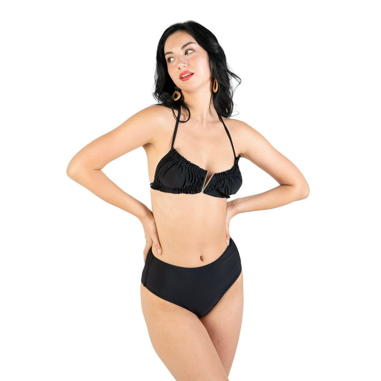 POSESHE Women's Regular & Plus Size Bikini, Jet Black Halter Bikini 