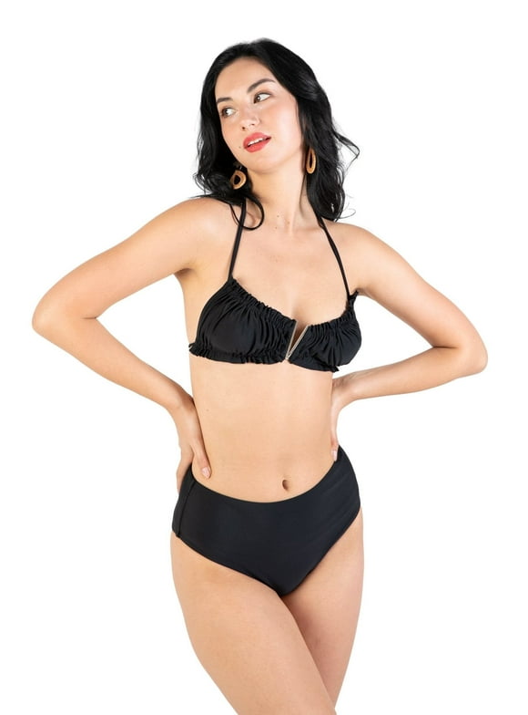 POSESHE Women's Regular & Plus Size Bikini, Jet Black Halter Bikini