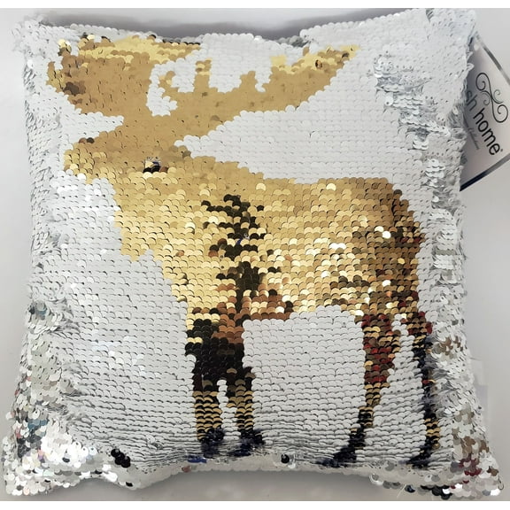 POSH HOME Magic Moose Blue/Silver/Gold/White Sequin Decorative Colorful Throw Pillow 12" x 12"