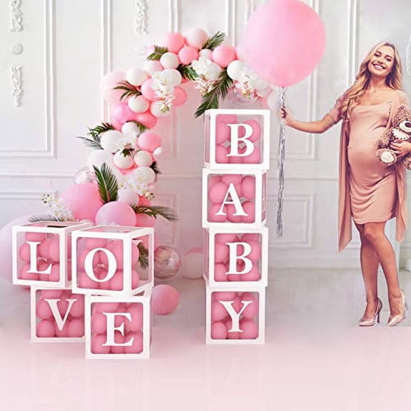 POSHBEBE Baby Shower Decorations for Girl and Boy - 4 Clear Boxes with LOVE and BABY Stickers - Gender Reveal Transparent Box for Balloons,Birthday, Bridal Shower And Wedding Decorations