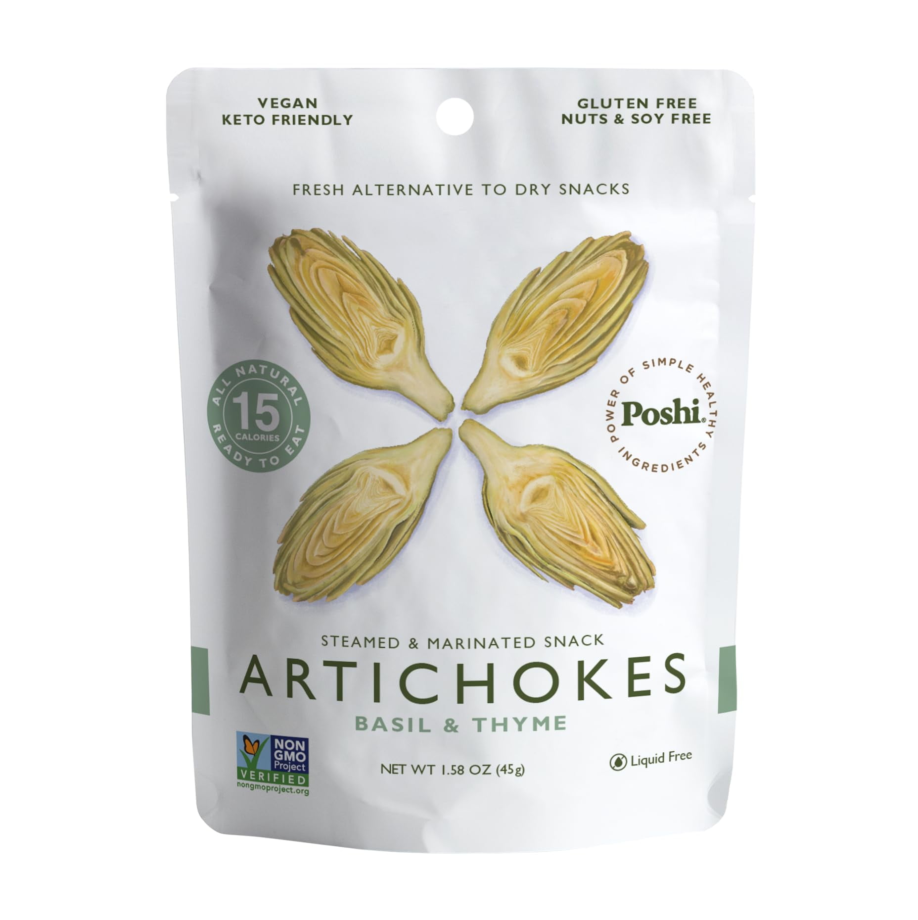 POSHI Marinated Artichoke Hearts MSF2 Snack Pack Basil + Thyme